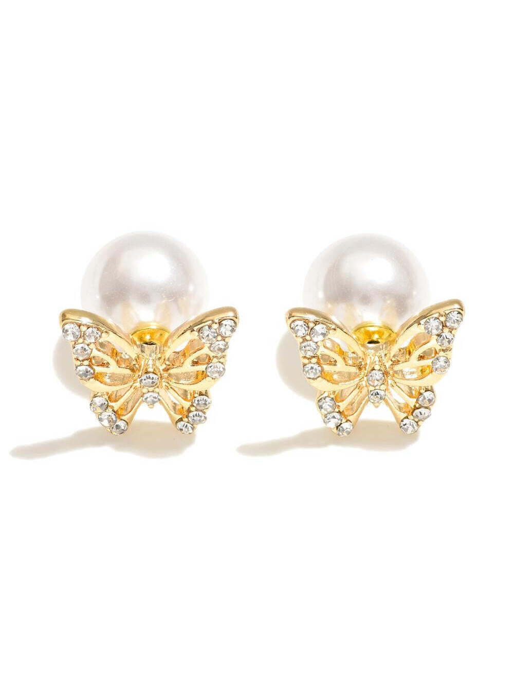 Gold Butterfly Pearl Stud Earrings Rhinestone Crystal Fashion Earrings